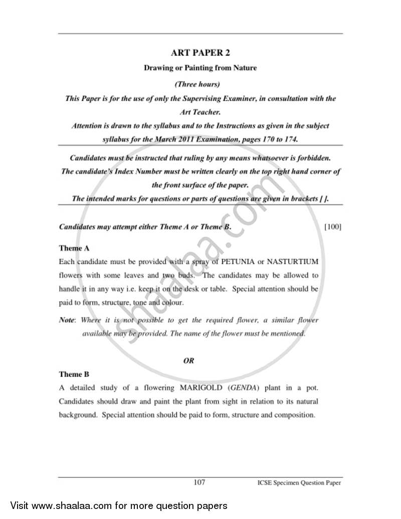 Art Paper 2 - Drawing And/Or Painting from Nature 2016-2017 ICSE Class 10  - CISCE (Council for the Indian School Certificate Examinations) question paper with PDF download