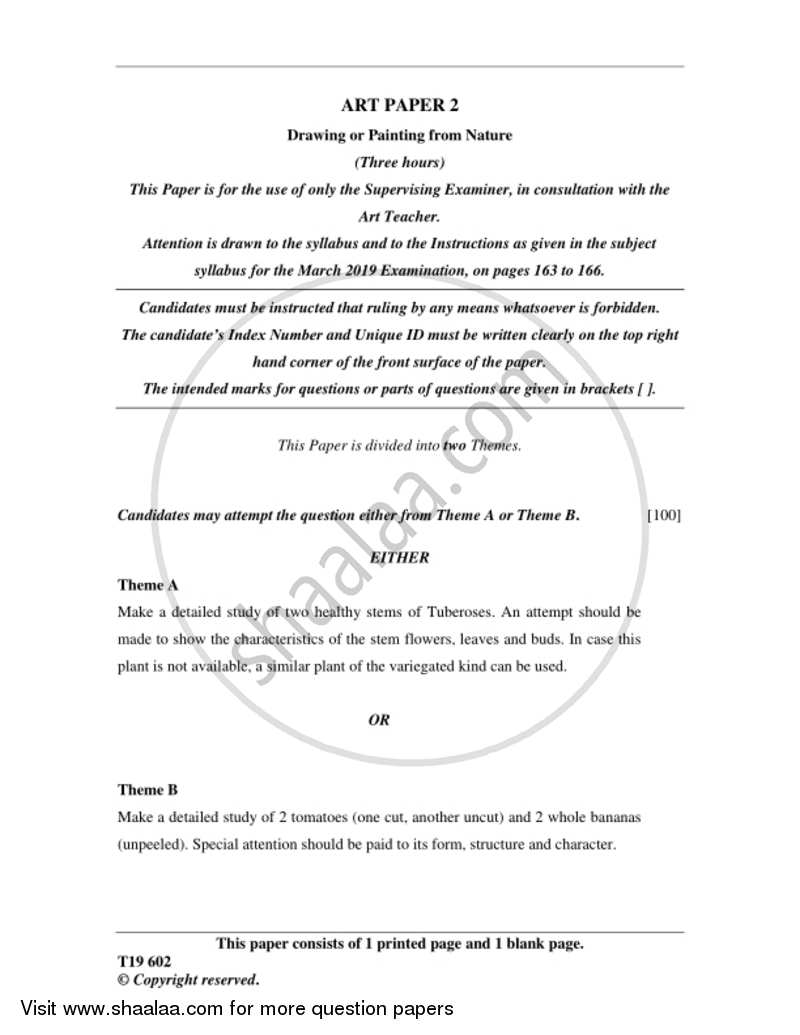 Art Paper 2 - Drawing And/Or Painting from Nature 2018-2019 ICSE Class 10  - CISCE (Council for the Indian School Certificate Examinations) question paper with PDF download