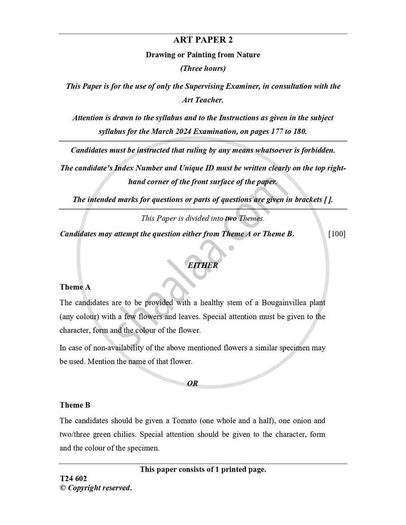 Art Paper 2 - Drawing And/Or Painting from Nature 2023-2024 ICSE Class 10 - CISCE (Council for the Indian School Certificate Examinations) question paper with PDF download