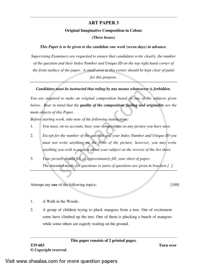 Art Paper 3 - Original Imaginative Composition in Colour 2018-2019 ICSE Class 10  - CISCE (Council for the Indian School Certificate Examinations) question paper with PDF download