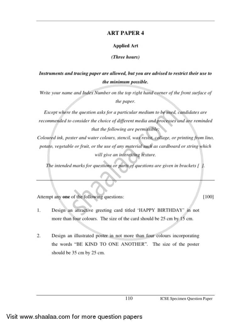 Art Paper 4 - Applied Art 2016-2017 ICSE Class 10  - CISCE (Council for the Indian School Certificate Examinations) question paper with PDF download