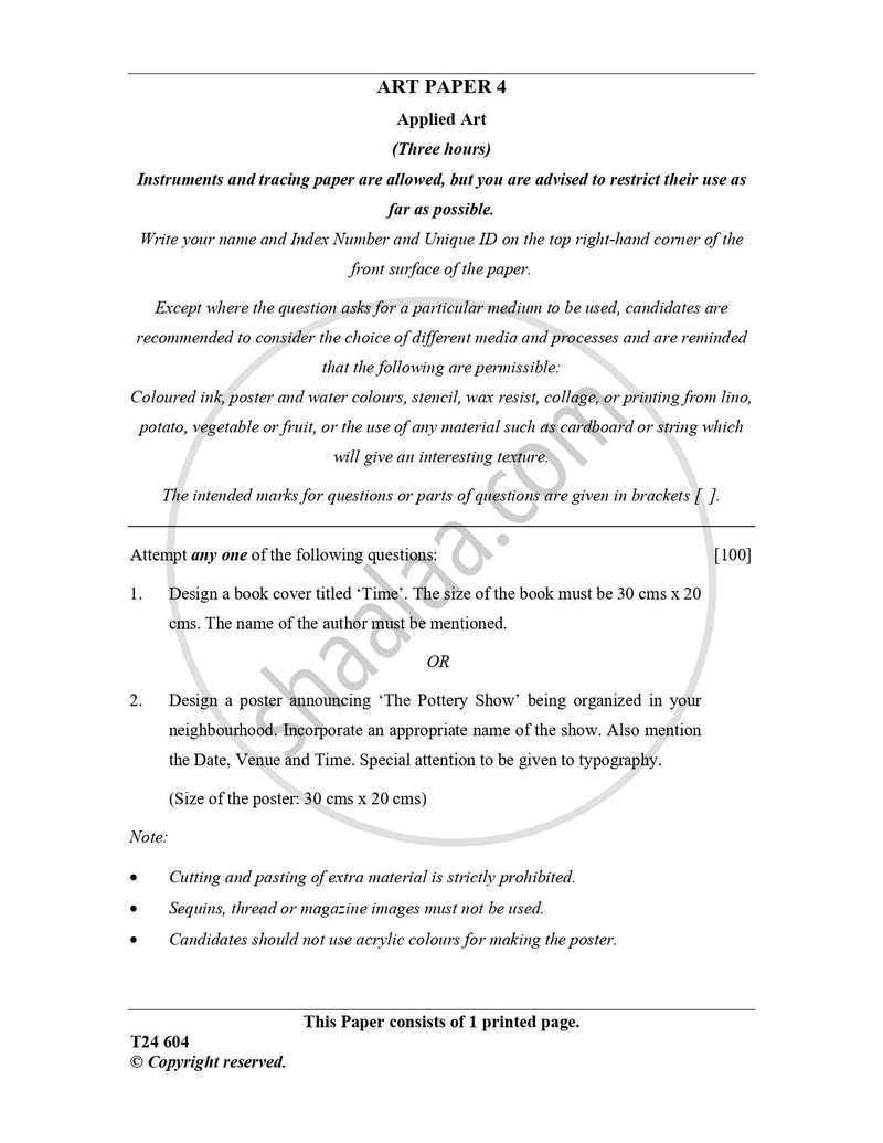 Art Paper 4 - Applied Art 2023-2024 ICSE Class 10  - CISCE (Council for the Indian School Certificate Examinations) question paper with PDF download
