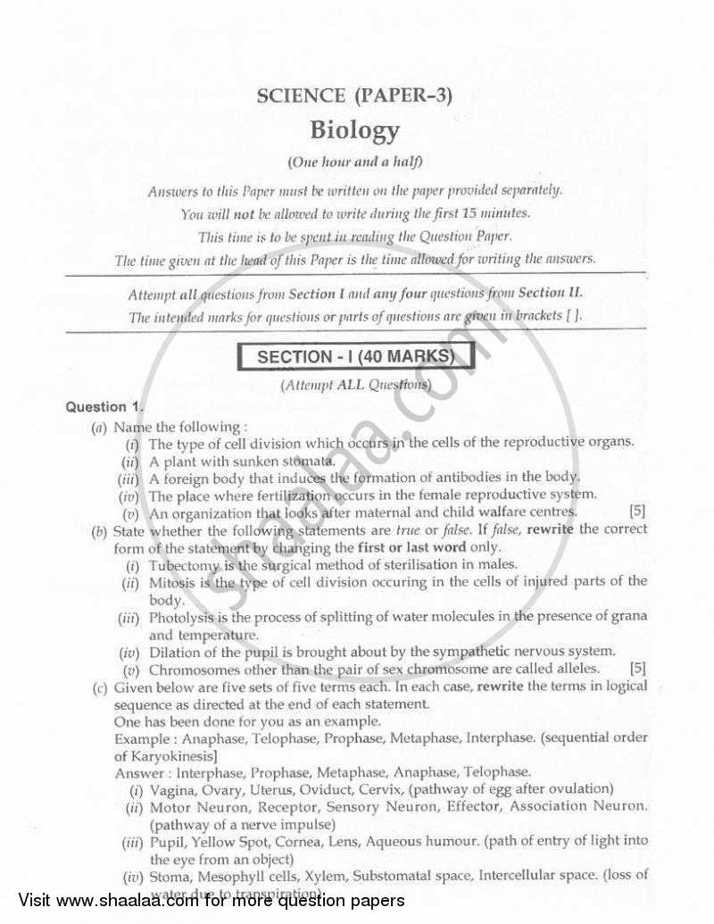 Biology 2009-2010 ICSE Class 10  - CISCE (Council for the Indian School Certificate Examinations) question paper with PDF download