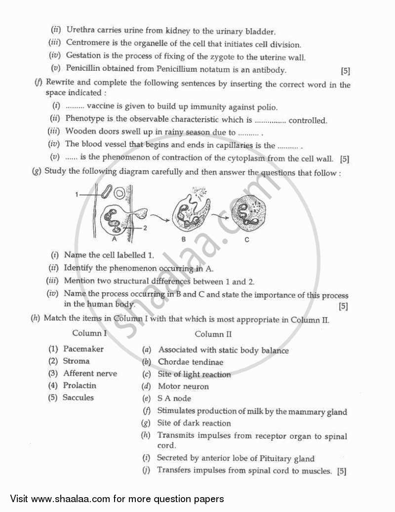 Biology 2010-2011 ICSE Class 10  - CISCE (Council for the Indian School Certificate Examinations) question paper with PDF download
