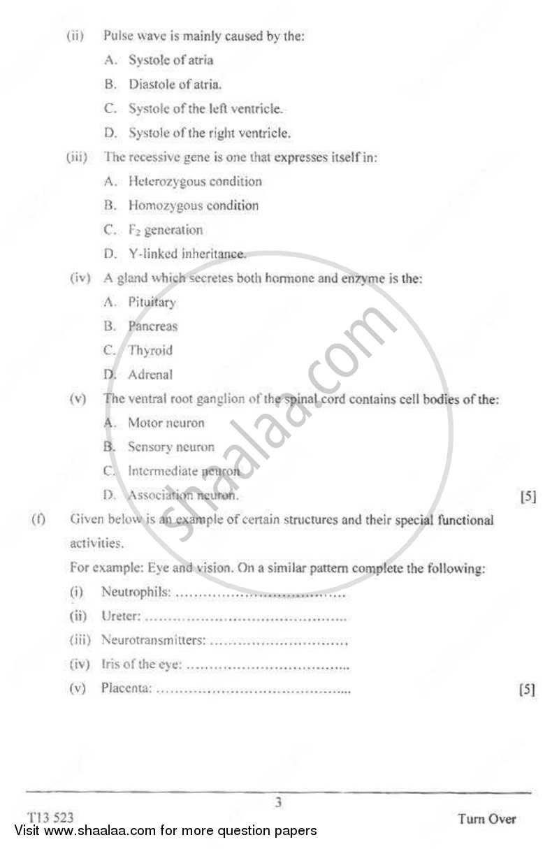 Biology 2012-2013 ICSE Class 10  - CISCE (Council for the Indian School Certificate Examinations) question paper with PDF download