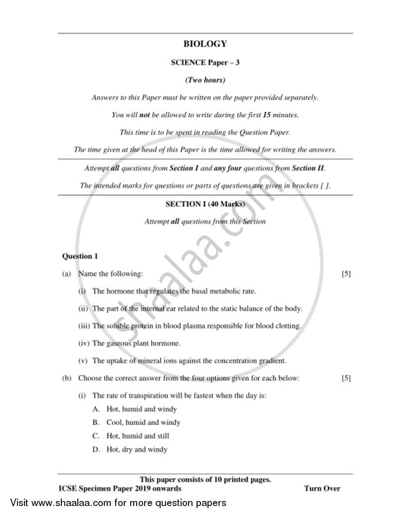 Biology 2018-2019 ICSE Class 10  - CISCE (Council for the Indian School Certificate Examinations) question paper with PDF download