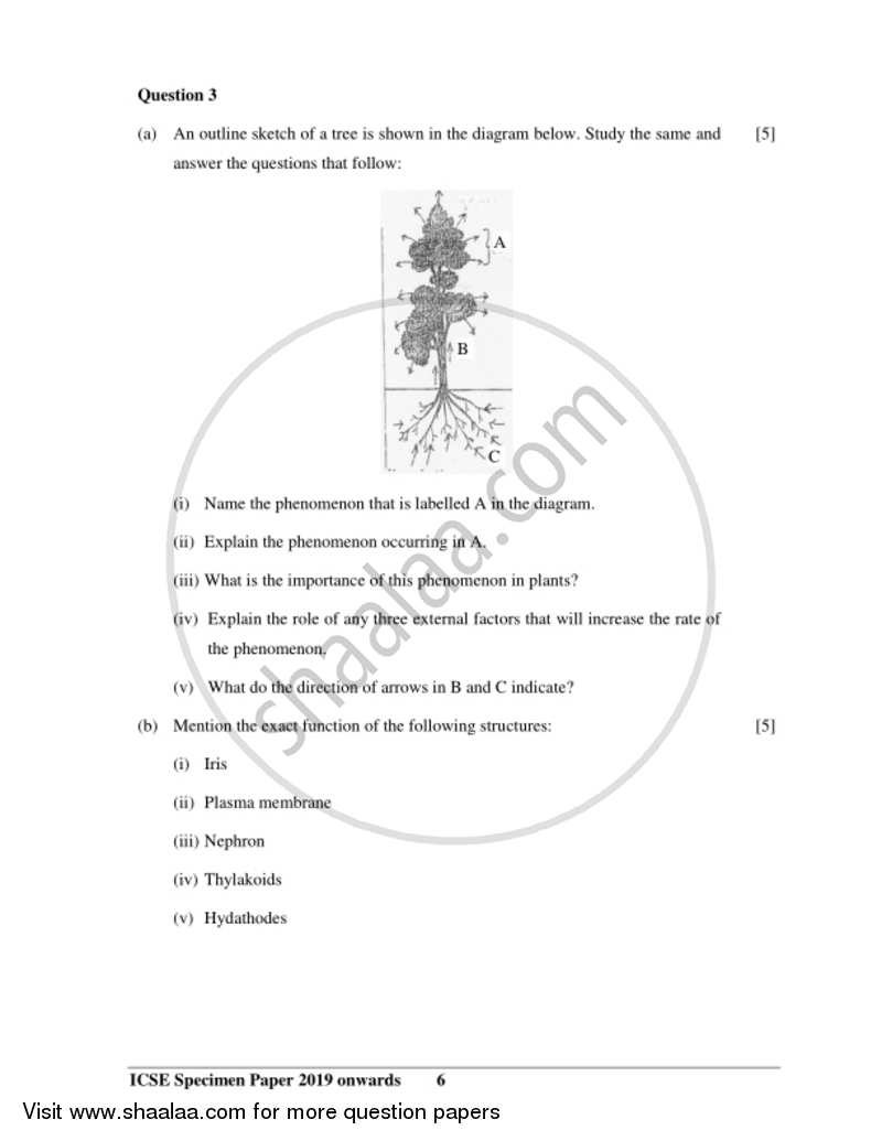 Biology 2018-2019 ICSE Class 10  - CISCE (Council for the Indian School Certificate Examinations) question paper with PDF download