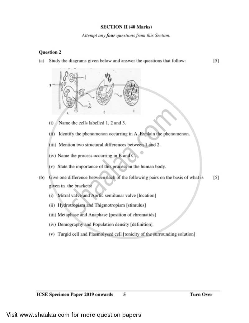 Biology 2018-2019 ICSE Class 10  - CISCE (Council for the Indian School Certificate Examinations) question paper with PDF download
