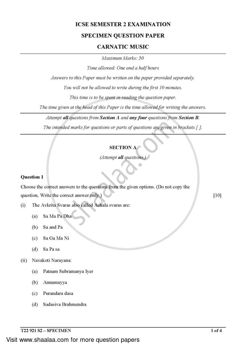 Carnatic Music 2021-2022 ICSE Class 10  - CISCE (Council for the Indian School Certificate Examinations) question paper with PDF download