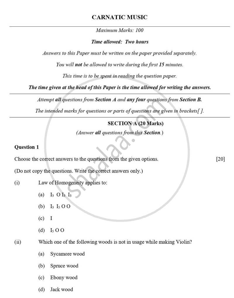 Carnatic Music 2023-2024 ICSE Class 10 - CISCE (Council for the Indian School Certificate Examinations) question paper with PDF download