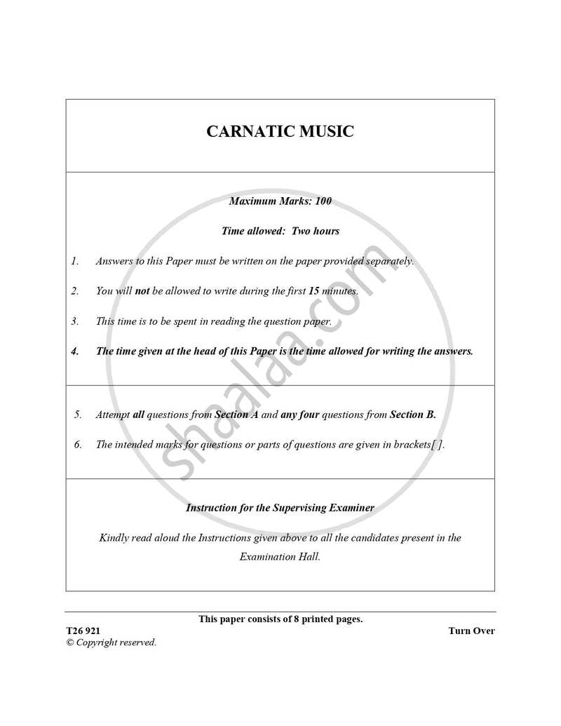 Carnatic Music 2025-2026 ICSE Class 10 - CISCE (Council for the Indian School Certificate Examinations) question paper with PDF download