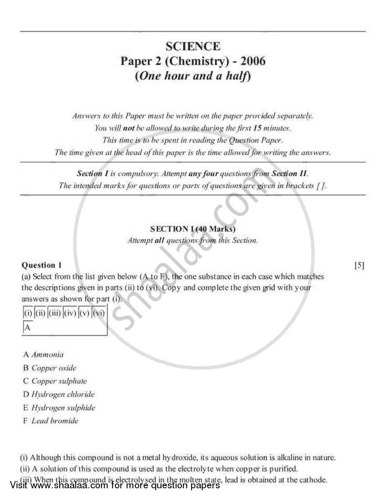 Chemistry 2005-2006 ICSE Class 10  - CISCE (Council for the Indian School Certificate Examinations) question paper with PDF download