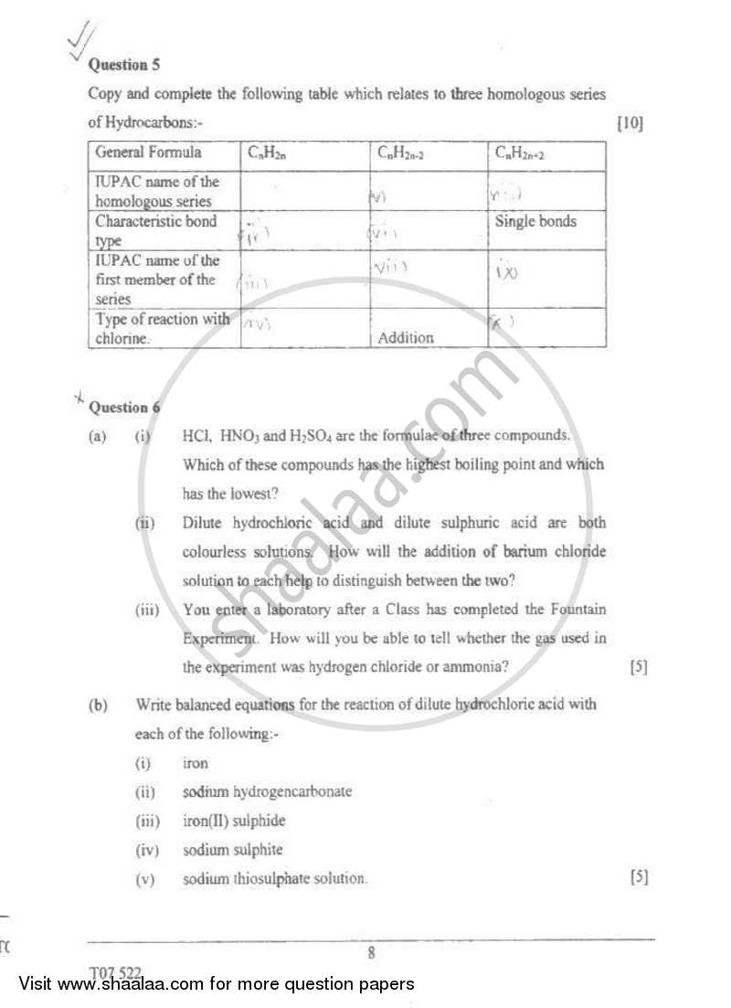 Chemistry 2006-2007 ICSE Class 10  - CISCE (Council for the Indian School Certificate Examinations) question paper with PDF download