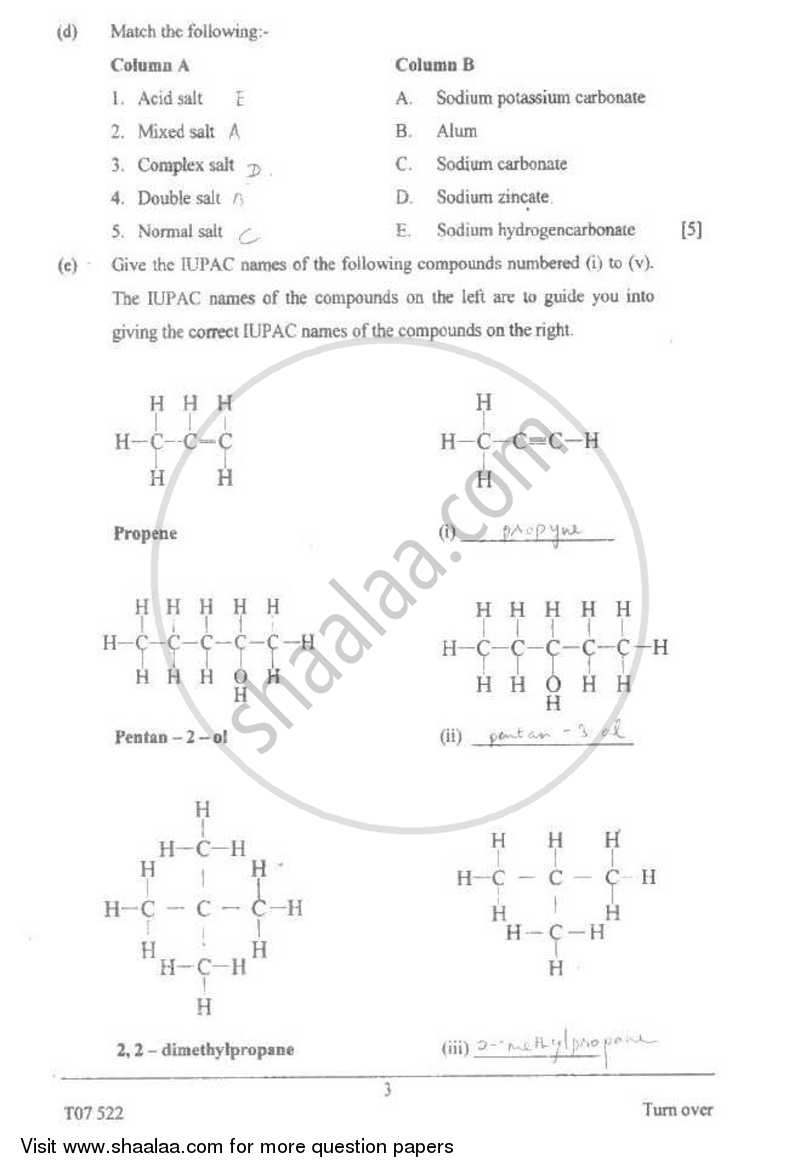 Chemistry 2006-2007 ICSE Class 10  - CISCE (Council for the Indian School Certificate Examinations) question paper with PDF download