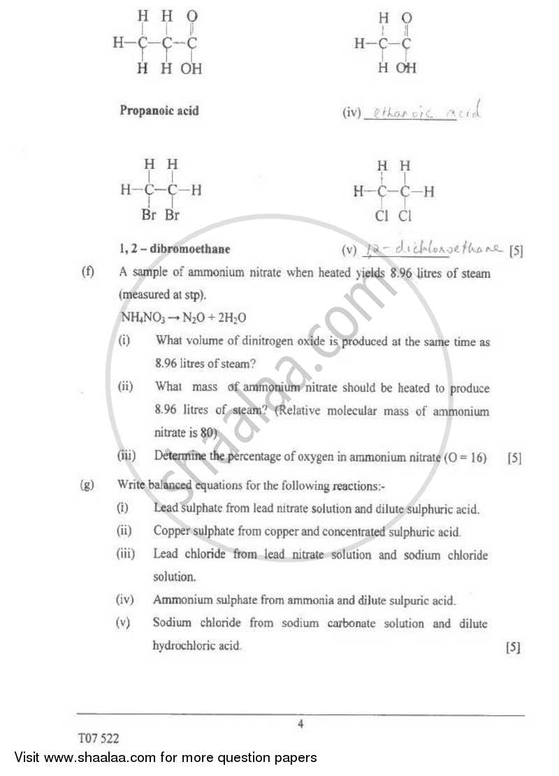 Chemistry 2006-2007 ICSE Class 10  - CISCE (Council for the Indian School Certificate Examinations) question paper with PDF download