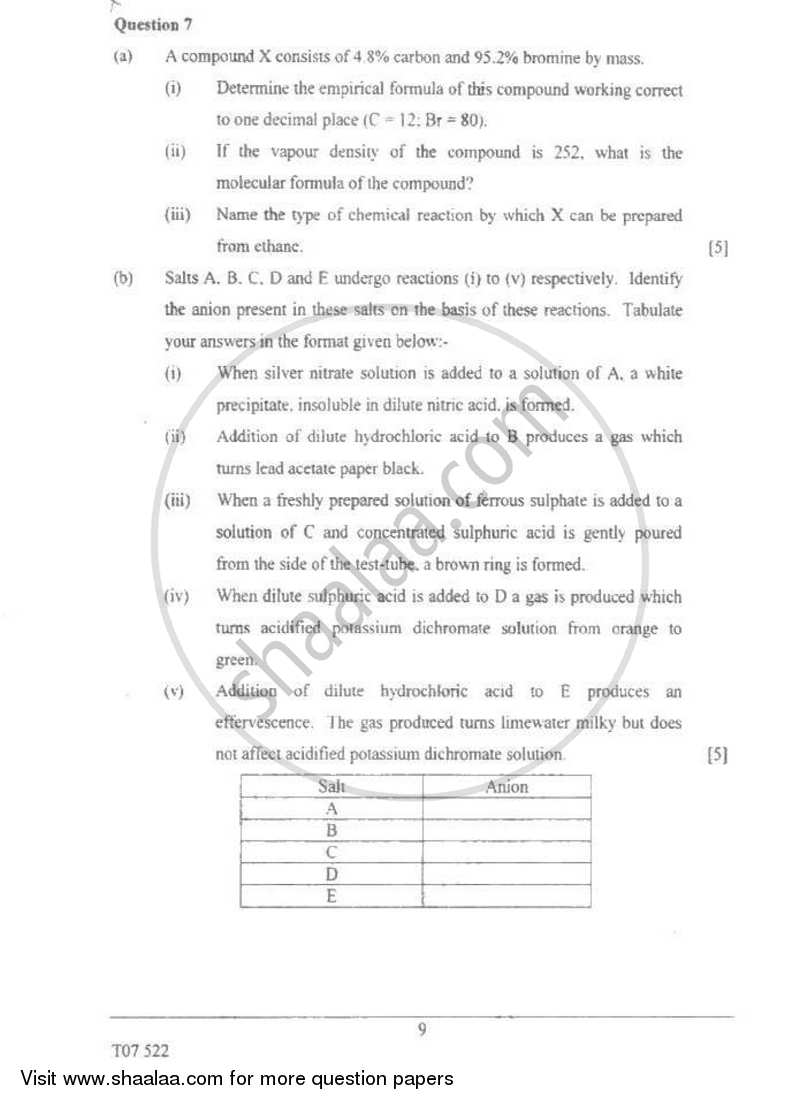Chemistry 2006-2007 ICSE Class 10  - CISCE (Council for the Indian School Certificate Examinations) question paper with PDF download