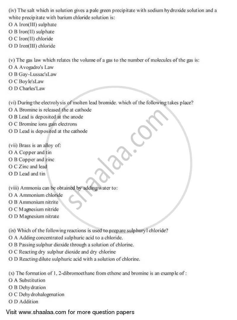 Chemistry 2007-2008 ICSE Class 10  - CISCE (Council for the Indian School Certificate Examinations) question paper with PDF download