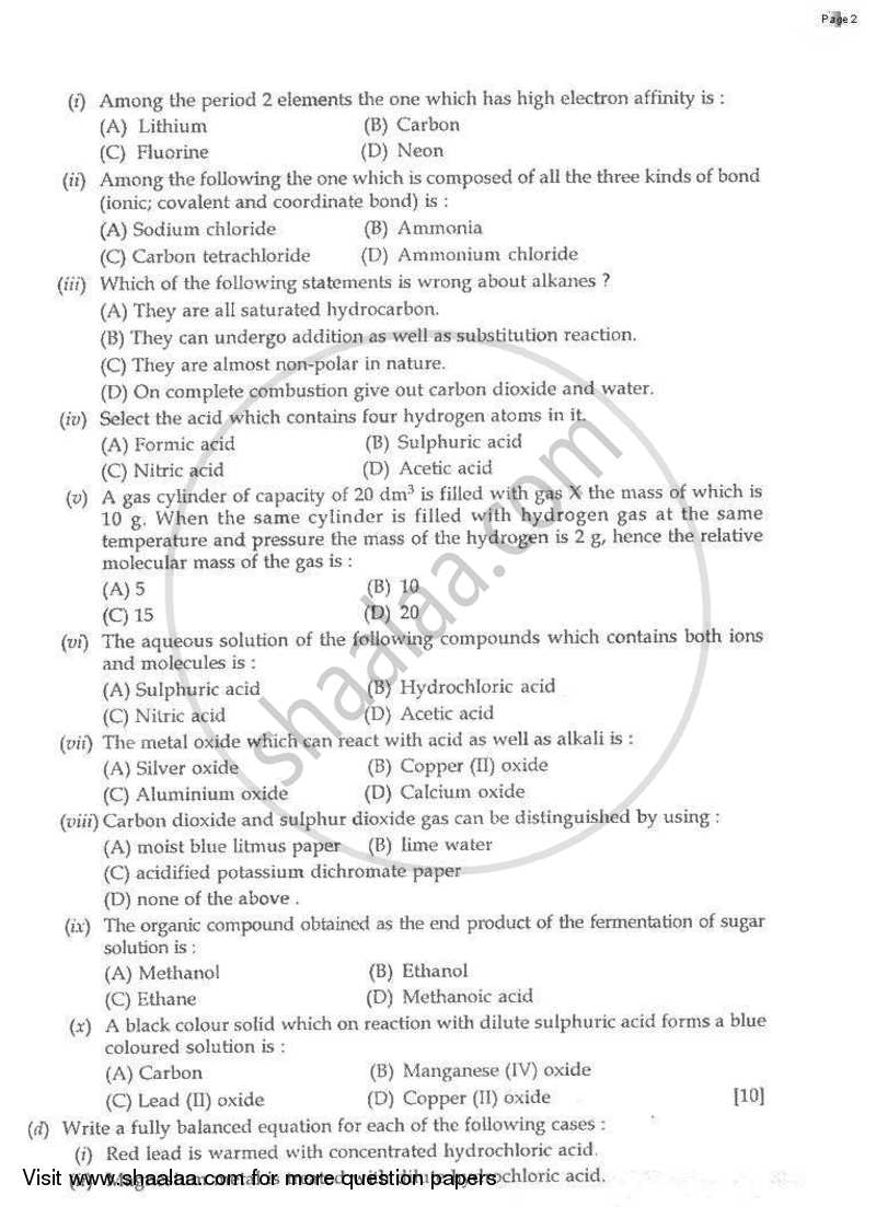 Chemistry 2008-2009 ICSE Class 10  - CISCE (Council for the Indian School Certificate Examinations) question paper with PDF download