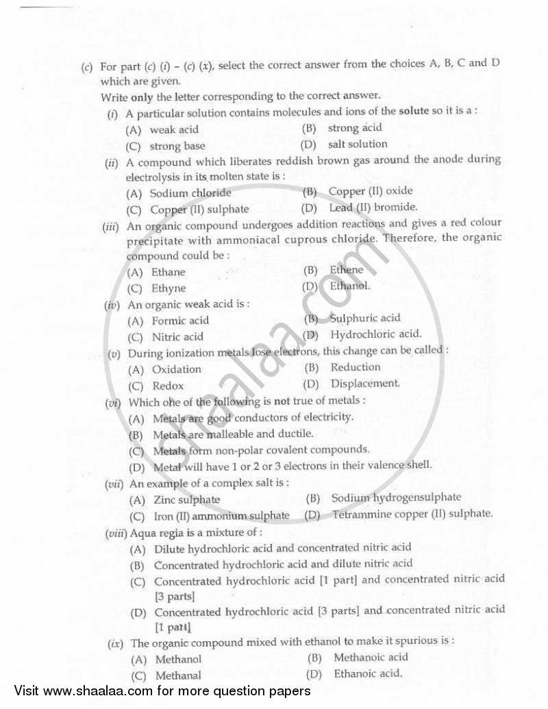 Chemistry 2009-2010 ICSE Class 10  - CISCE (Council for the Indian School Certificate Examinations) question paper with PDF download