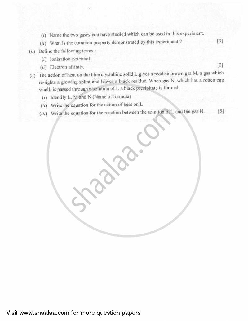 Chemistry 2009-2010 ICSE Class 10  - CISCE (Council for the Indian School Certificate Examinations) question paper with PDF download