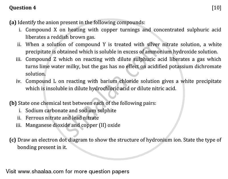 Chemistry 2011-2012 ICSE Class 10  - CISCE (Council for the Indian School Certificate Examinations) question paper with PDF download