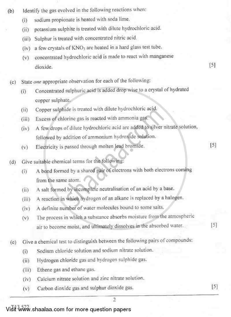 Chemistry 2012-2013 ICSE Class 10  - CISCE (Council for the Indian School Certificate Examinations) question paper with PDF download