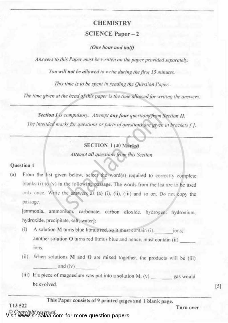 Chemistry 2012-2013 ICSE Class 10  - CISCE (Council for the Indian School Certificate Examinations) question paper with PDF download