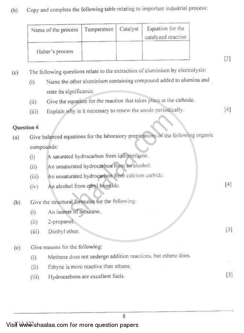 Chemistry 2012-2013 ICSE Class 10  - CISCE (Council for the Indian School Certificate Examinations) question paper with PDF download