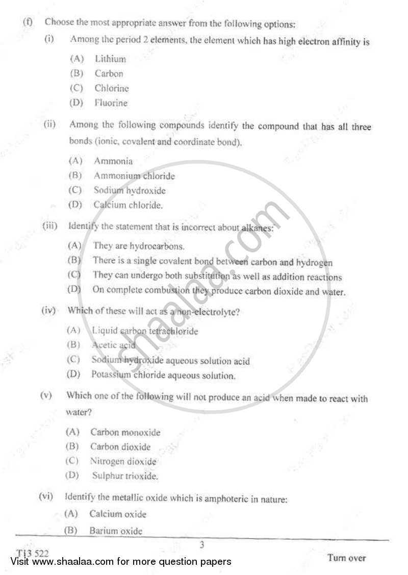 Chemistry 2012-2013 ICSE Class 10  - CISCE (Council for the Indian School Certificate Examinations) question paper with PDF download