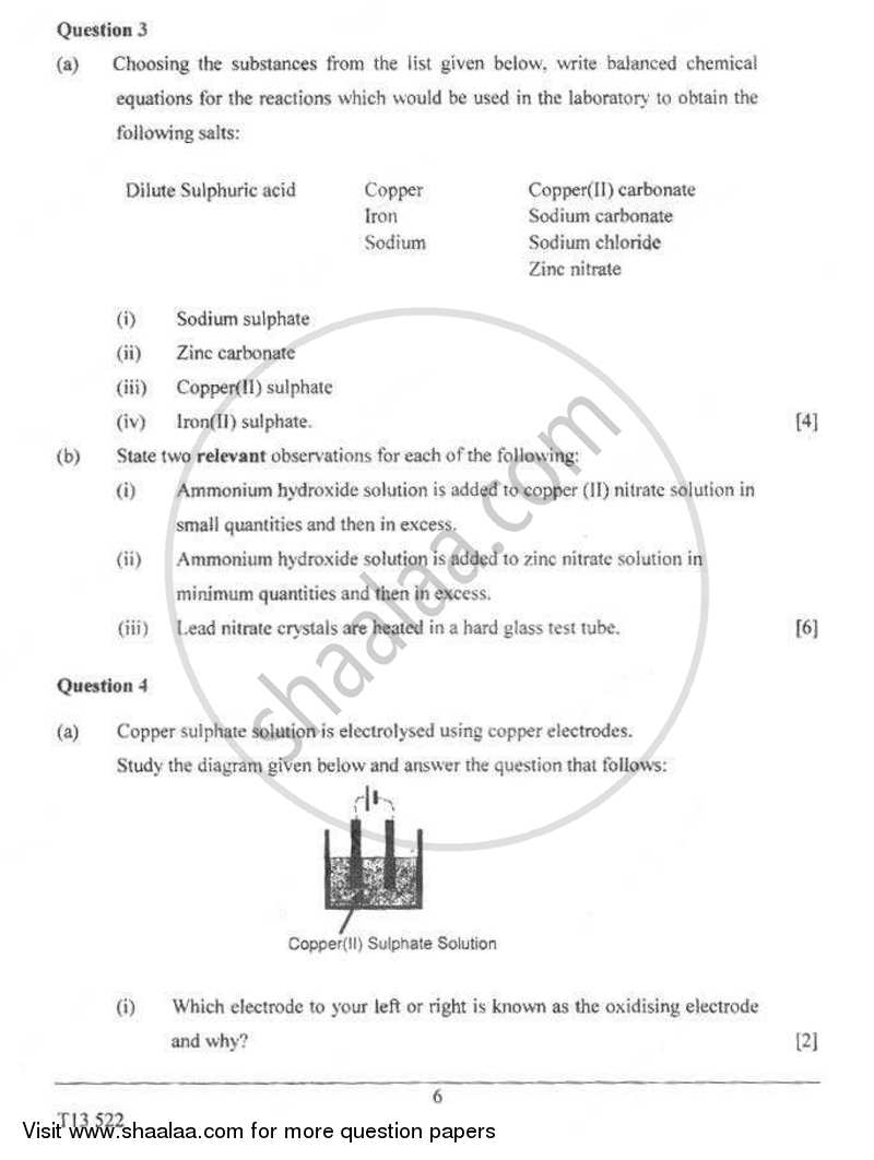 Chemistry 2012-2013 ICSE Class 10  - CISCE (Council for the Indian School Certificate Examinations) question paper with PDF download