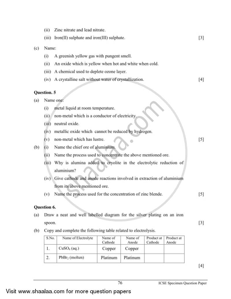 Chemistry 2016-2017 ICSE Class 10  - CISCE (Council for the Indian School Certificate Examinations) question paper with PDF download