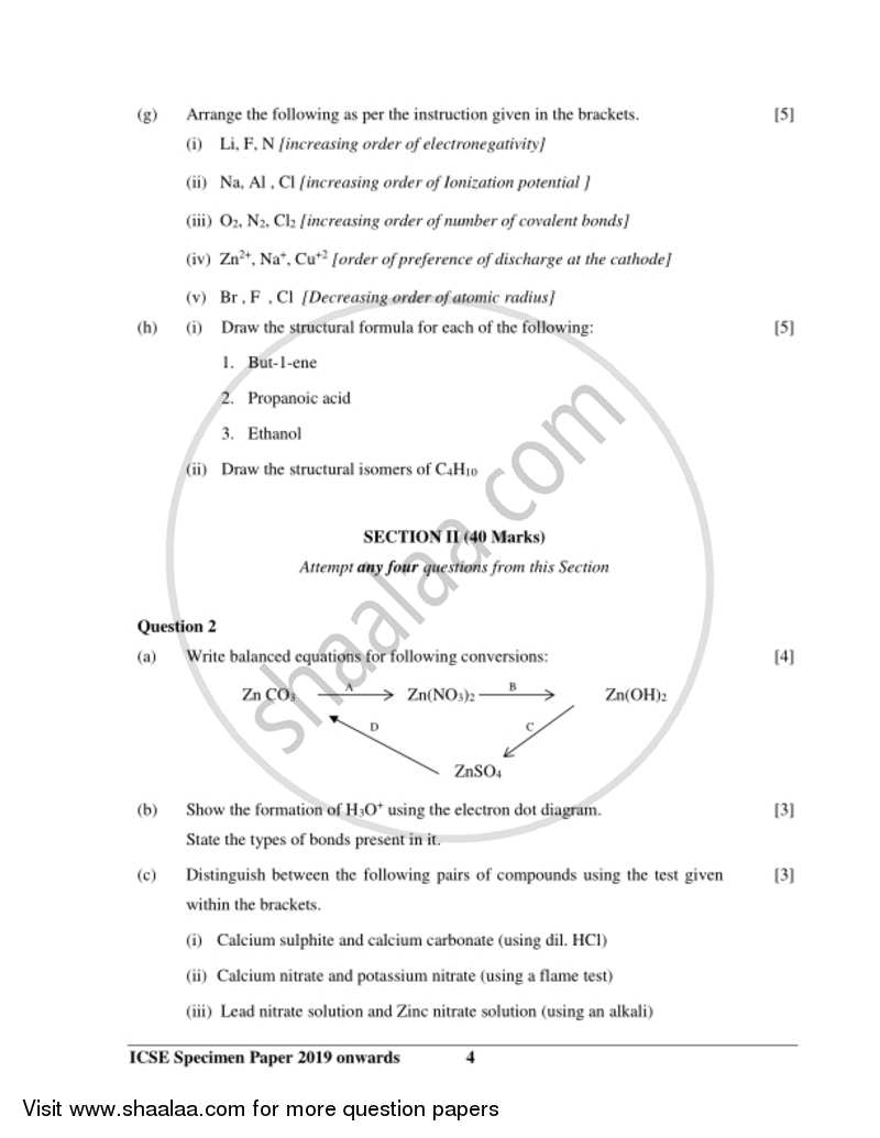 Chemistry 2018-2019 ICSE Class 10  - CISCE (Council for the Indian School Certificate Examinations) question paper with PDF download