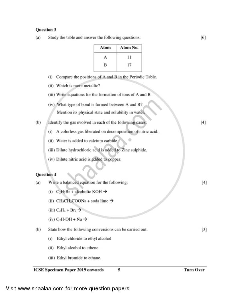 Chemistry 2018-2019 ICSE Class 10  - CISCE (Council for the Indian School Certificate Examinations) question paper with PDF download