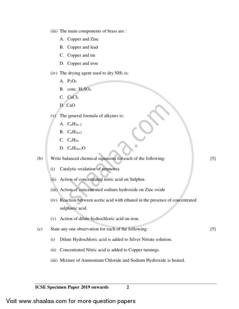Chemistry 2018-2019 ICSE Class 10  - CISCE (Council for the Indian School Certificate Examinations) question paper with PDF download
