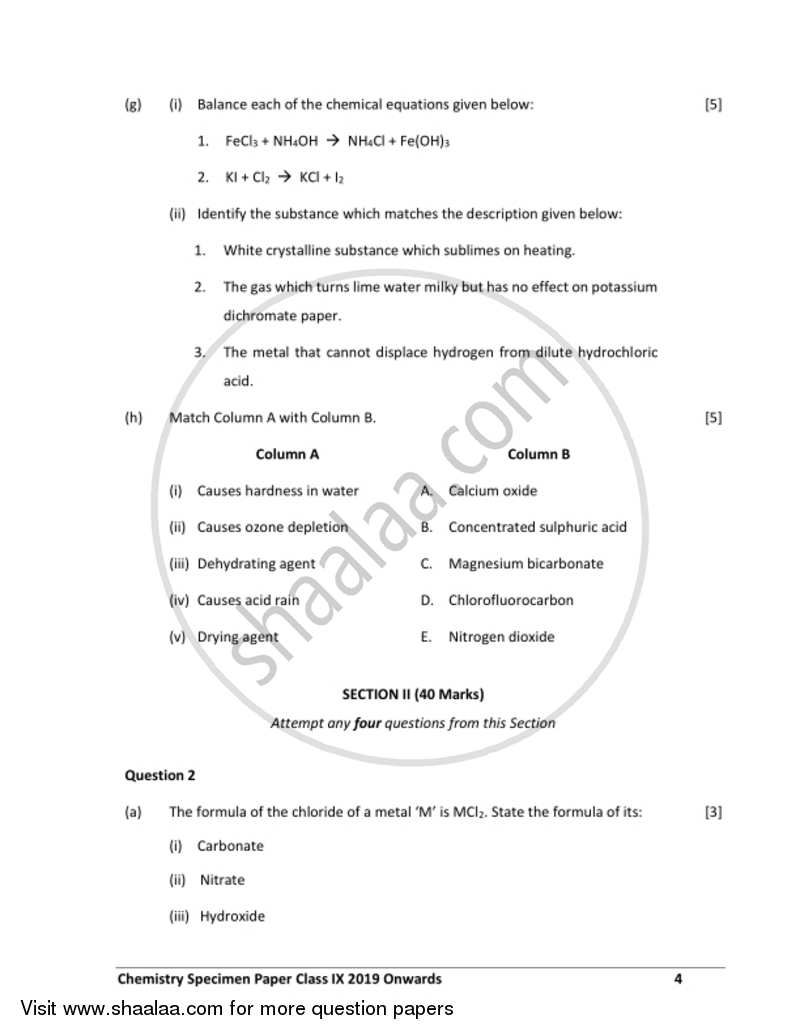 Chemistry 2018-2019 ICSE Class 9 - CISCE (Council for the Indian School Certificate Examinations) question paper with PDF download