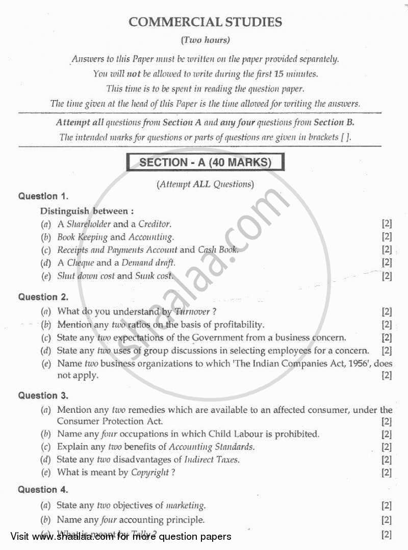 Commercial Studies 2009-2010 ICSE Class 10  - CISCE (Council for the Indian School Certificate Examinations) question paper with PDF download