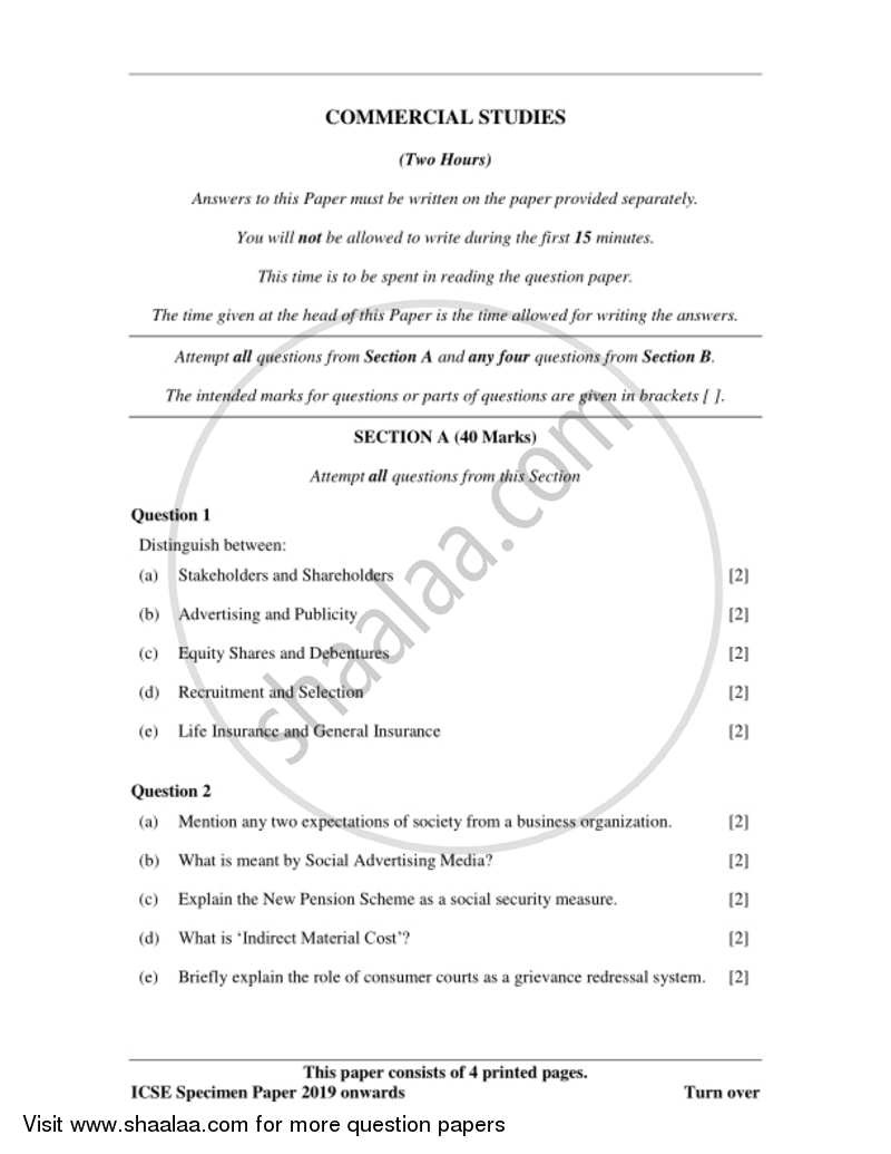 Commercial Studies 2018-2019 ICSE Class 10  - CISCE (Council for the Indian School Certificate Examinations) question paper with PDF download