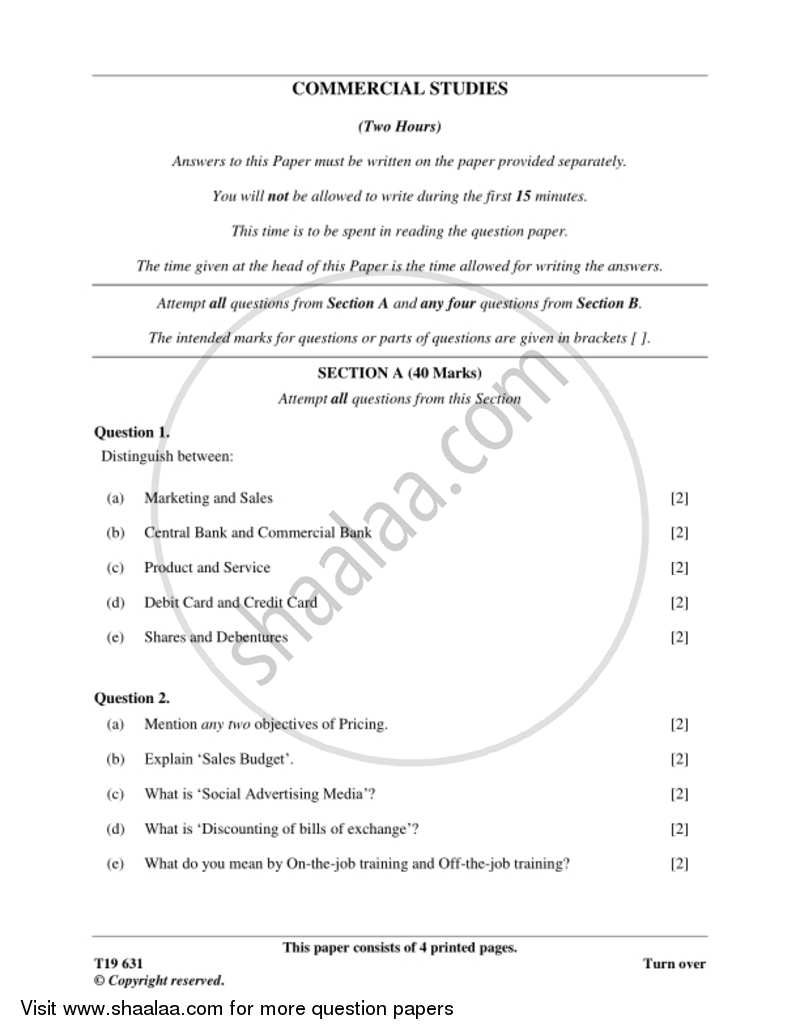 Commercial Studies 2018-2019 ICSE Class 10  - CISCE (Council for the Indian School Certificate Examinations) question paper with PDF download