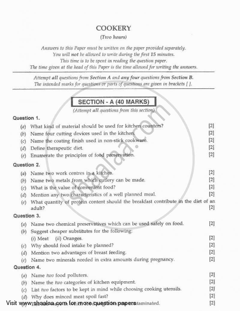 Cookery 2010-2011 ICSE Class 10  - CISCE (Council for the Indian School Certificate Examinations) question paper with PDF download