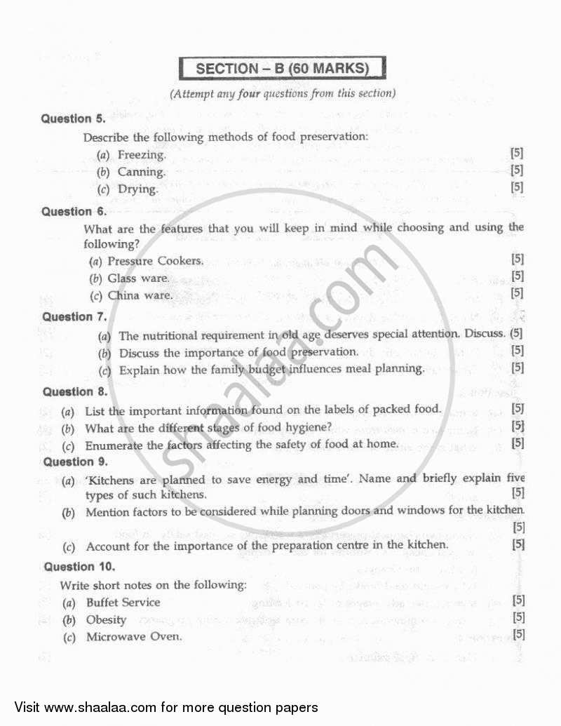 Cookery 2010-2011 ICSE Class 10  - CISCE (Council for the Indian School Certificate Examinations) question paper with PDF download