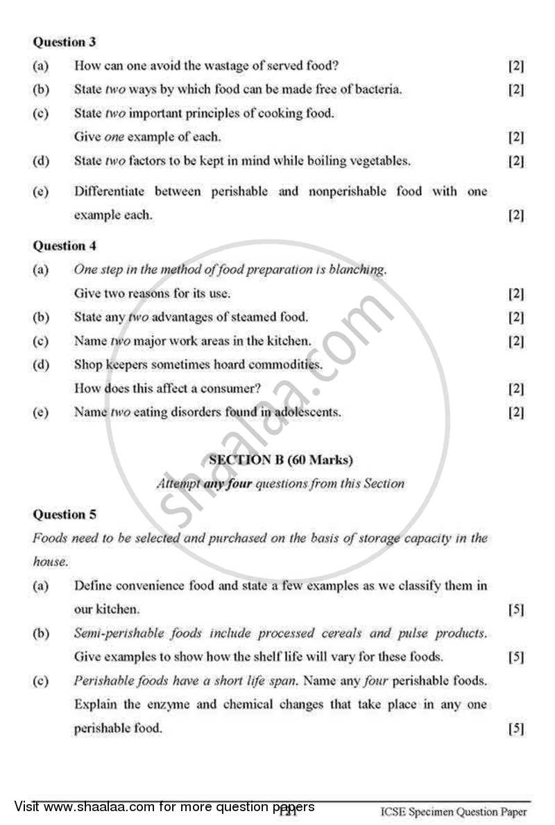Cookery 2012-2013 ICSE Class 10  - CISCE (Council for the Indian School Certificate Examinations) question paper with PDF download