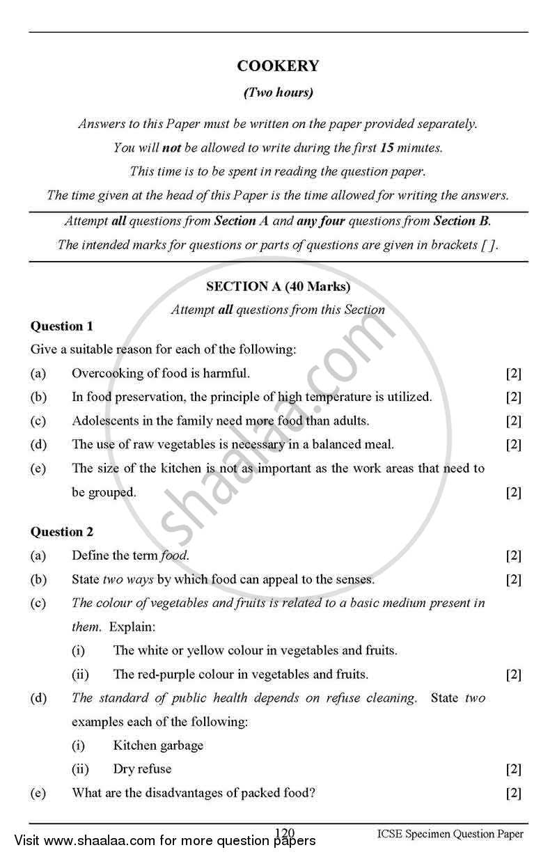 Cookery 2012-2013 ICSE Class 10  - CISCE (Council for the Indian School Certificate Examinations) question paper with PDF download