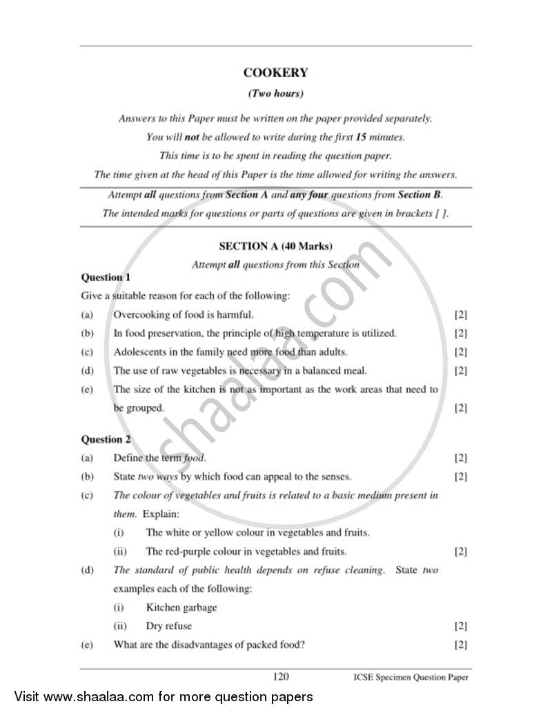 Cookery 2016-2017 ICSE Class 10  - CISCE (Council for the Indian School Certificate Examinations) question paper with PDF download