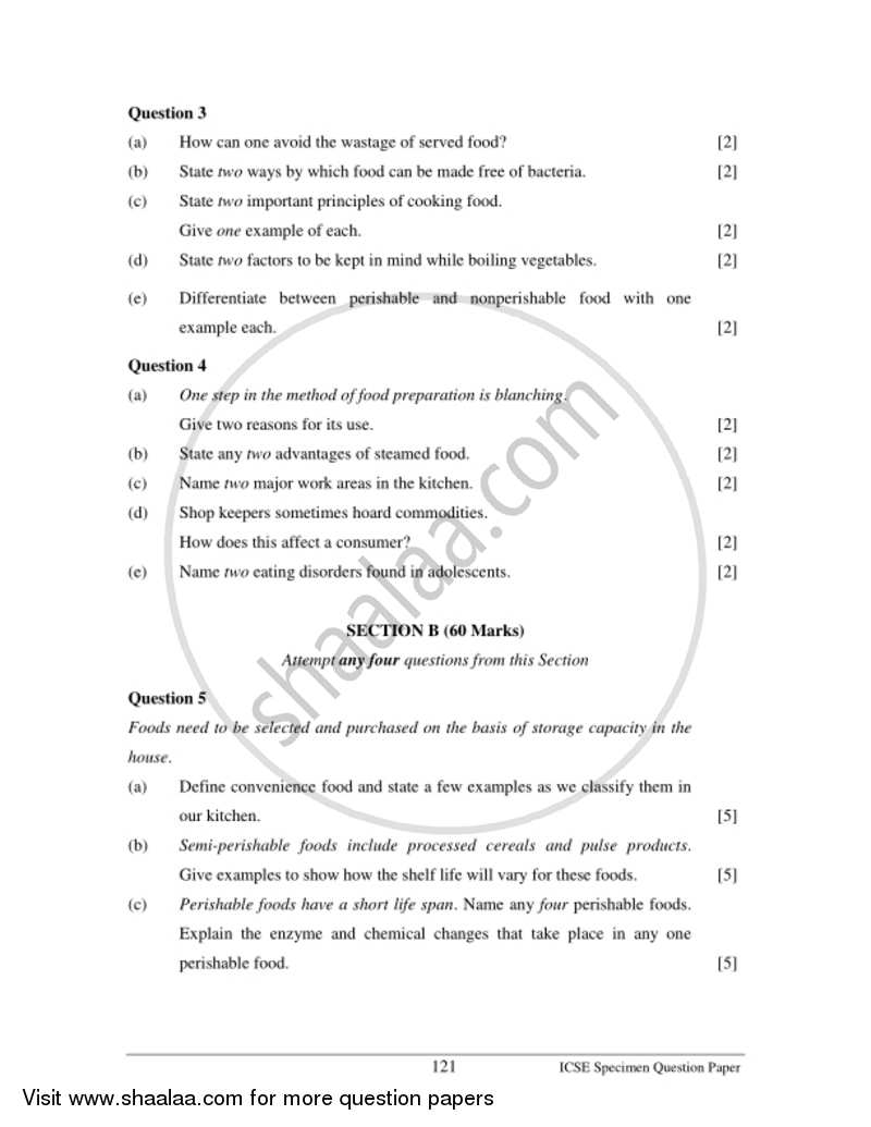 Cookery 2016-2017 ICSE Class 10  - CISCE (Council for the Indian School Certificate Examinations) question paper with PDF download
