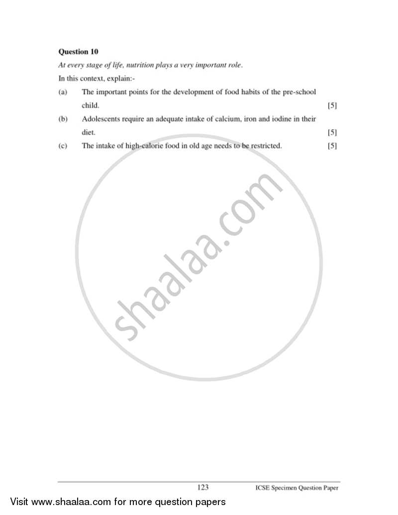 Cookery 2016-2017 ICSE Class 10  - CISCE (Council for the Indian School Certificate Examinations) question paper with PDF download