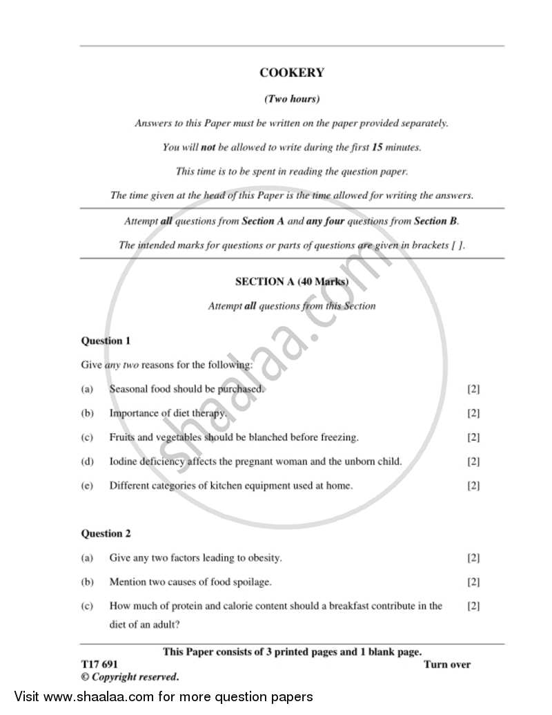 Cookery 2016-2017 ICSE Class 10  - CISCE (Council for the Indian School Certificate Examinations) question paper with PDF download