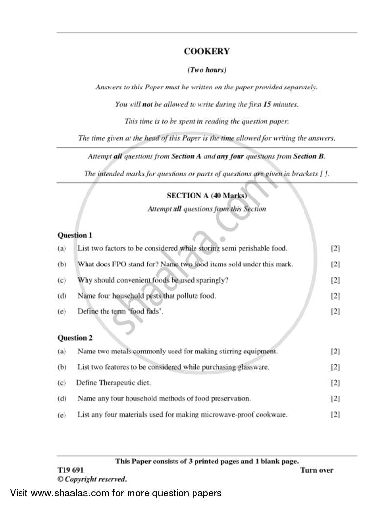 Cookery 2018-2019 ICSE Class 10  - CISCE (Council for the Indian School Certificate Examinations) question paper with PDF download