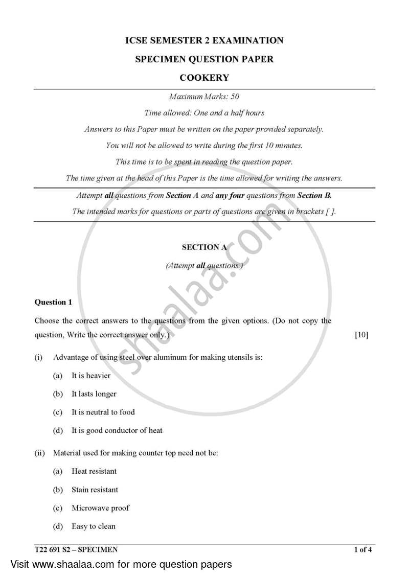 Cookery 2021-2022 ICSE Class 10  - CISCE (Council for the Indian School Certificate Examinations) question paper with PDF download