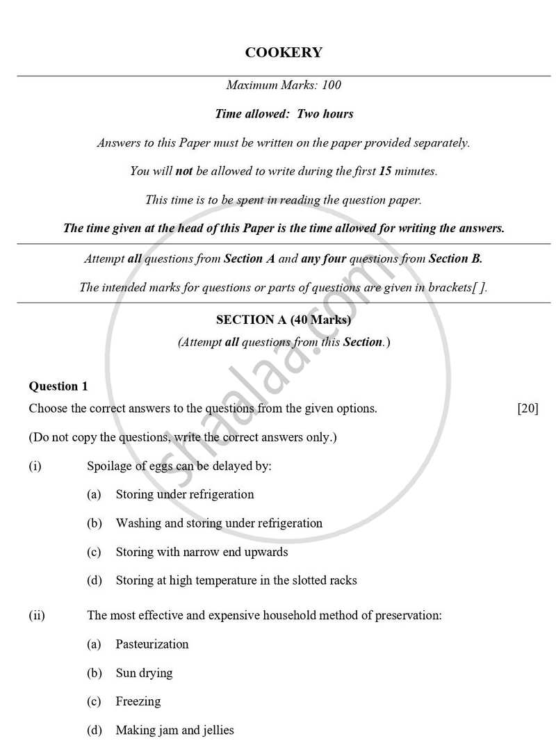 Cookery 2023-2024 ICSE Class 10 - CISCE (Council for the Indian School Certificate Examinations) question paper with PDF download