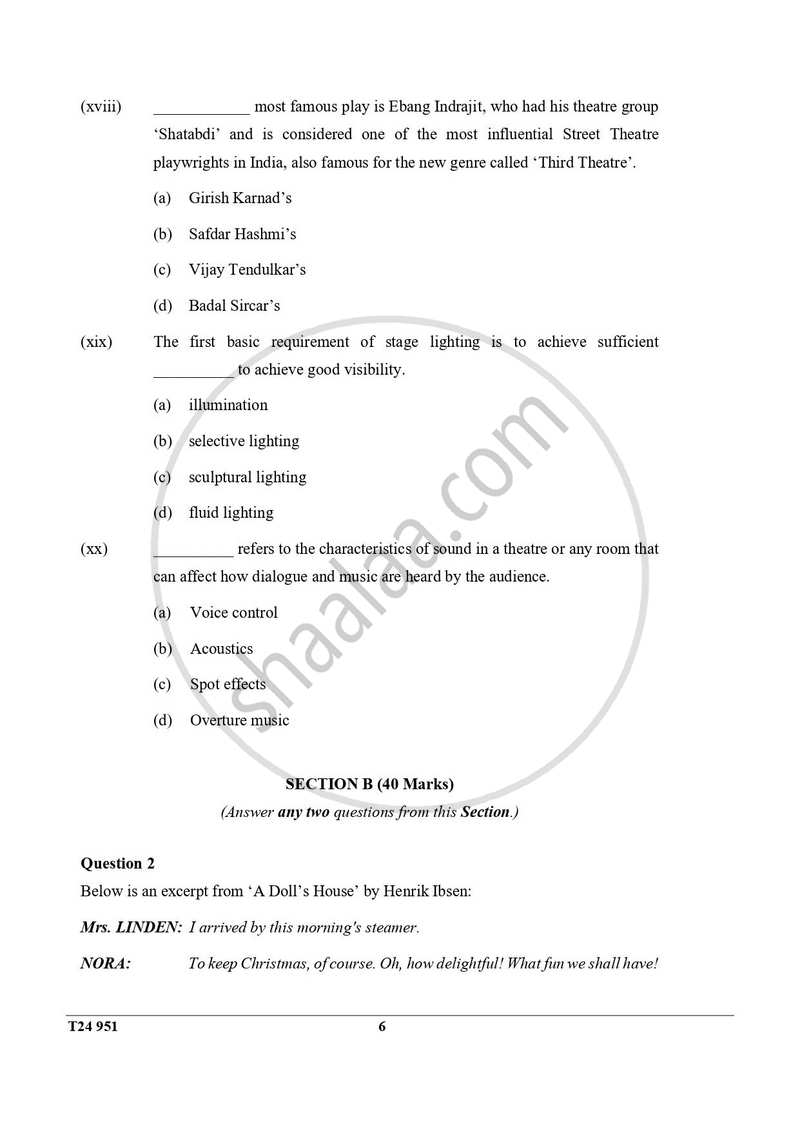 Drama 2023-2024 ICSE Class 10  - CISCE (Council for the Indian School Certificate Examinations) question paper with PDF download